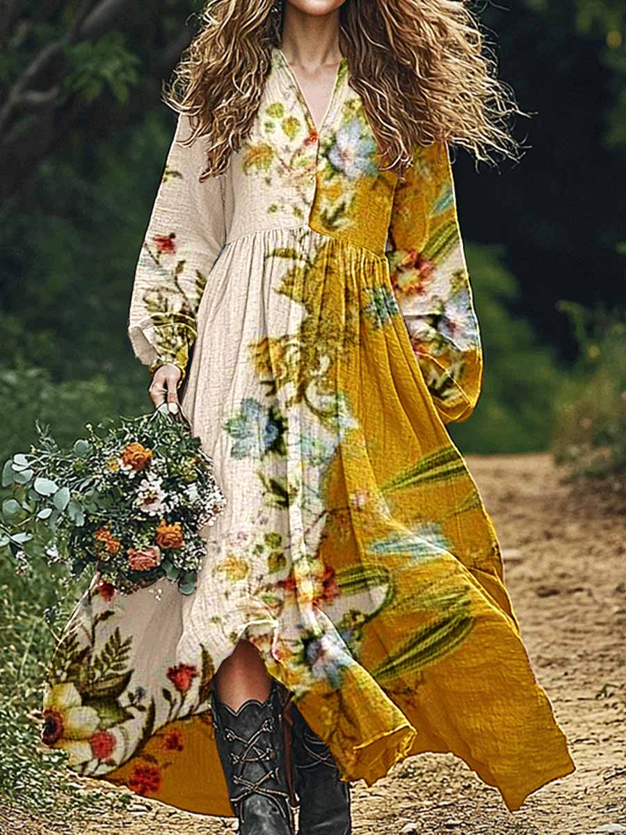 Women's Vintage Art Floral Pattern Cotton And Linen Dress