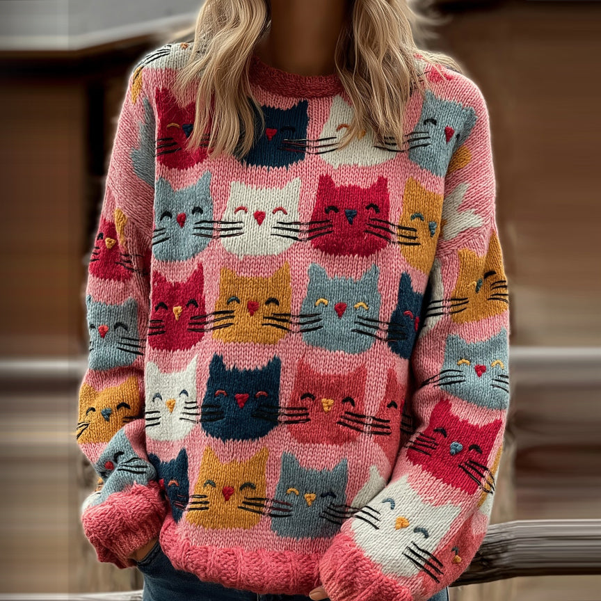 Women's Colorful Cats Pattern Art Cozy Knit Sweater elevenforest