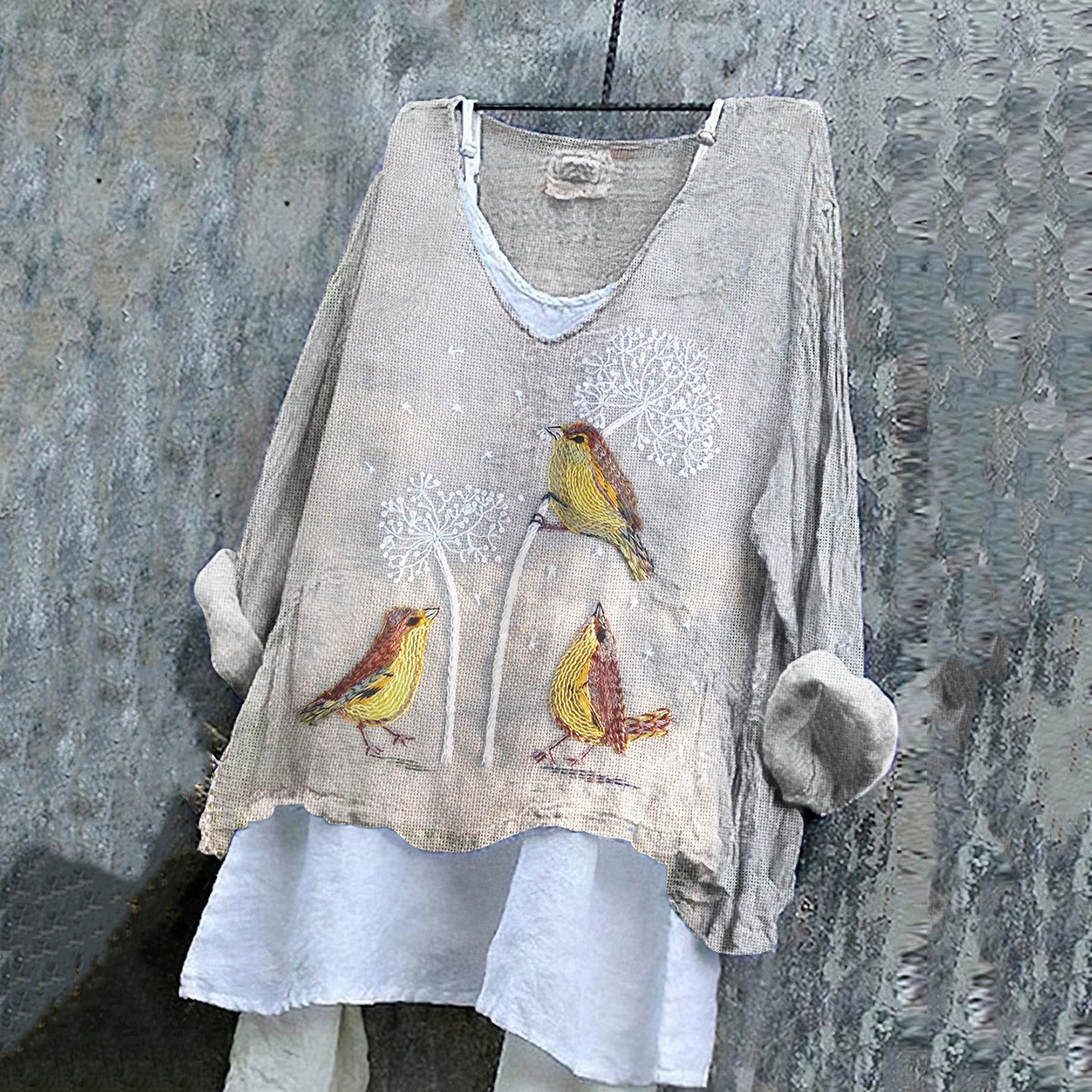 Women's Dandelions And Birds Art Loose V-neck Shirt artswardrobe