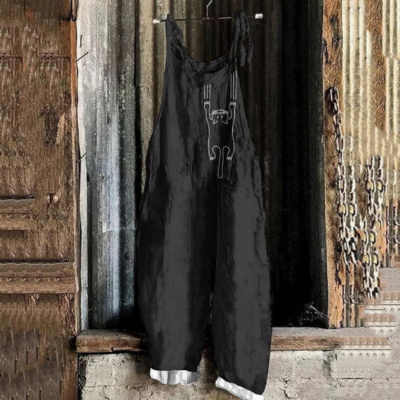 Vintage Cute Cats Art Linen Blend Loose Casual Jumpsuit elevenforest