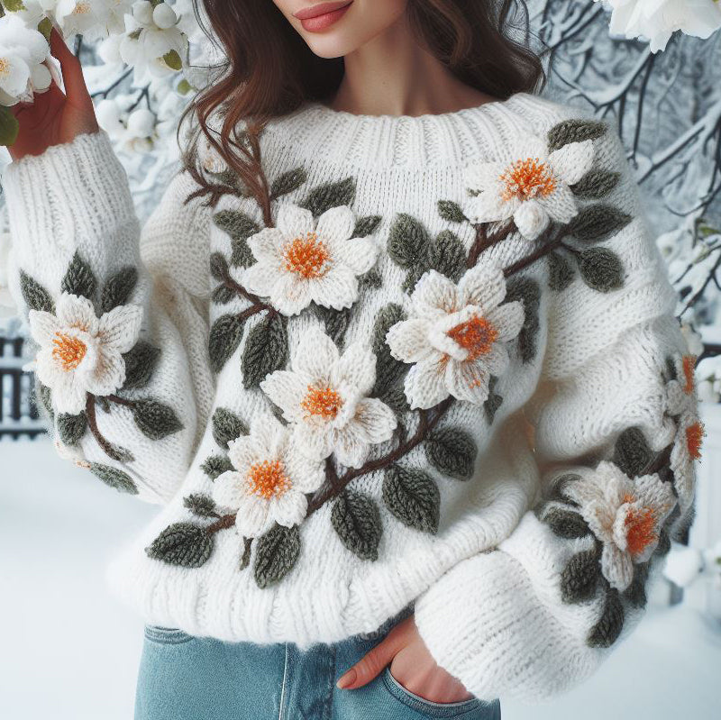 Women'S Floral Apricot Blossom Jacquard Knit Crew Neck Sweater artswardrobe