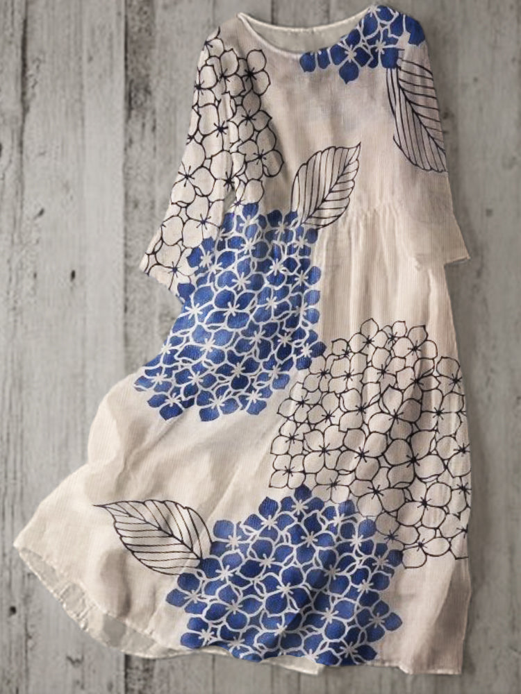 Comstylish Hydrangea Floral Japanese Art Linen Blend Flowy Dress