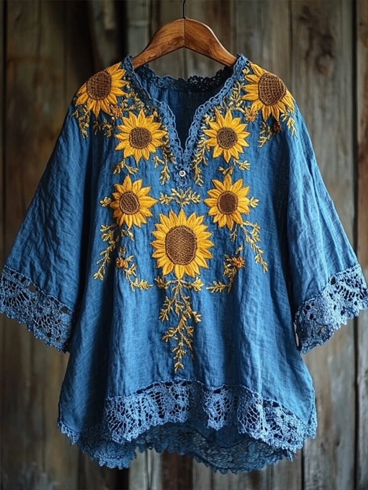 Sunflowers Embroidered Lace Patchwork Linen Blend Shirt artswardrobe