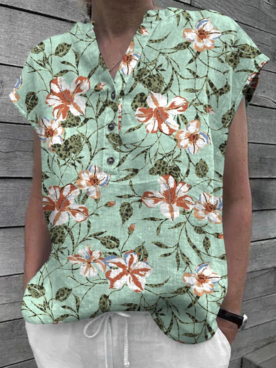 Women's Floral Art Casual Cotton Shirt Tops