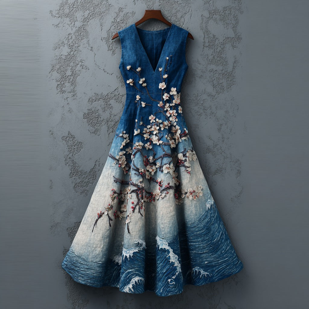 Women's Cherry Blossoms Embroidery And Waves Gradient Art Linen Maxi Dress