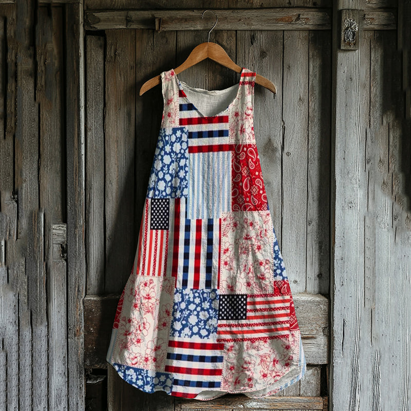 Vintage Independence Day American Flag Patch Floral & Paisley Art Linen Tank Dress artswardrobe