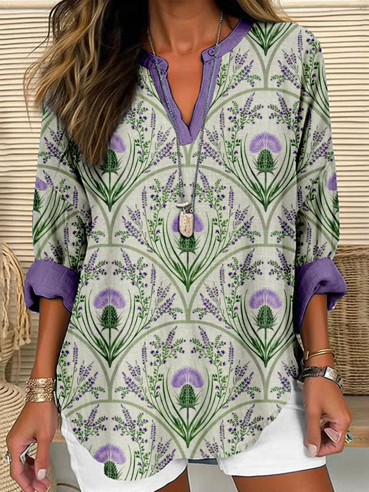 Comstylish Vintage Scottish Thistle Pattern Linen Blend Cozy Shirt