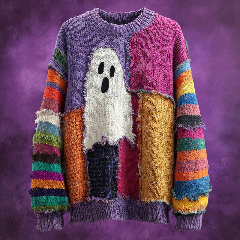 Halloween Spooky Ghost Inspired Patchwork Cozy Knitted Sweater elevenforest