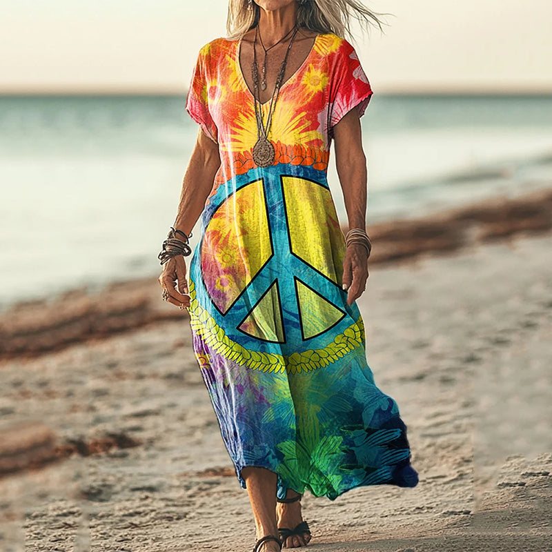 Hippie Peace Rainbow Gradient Pattern Linen Midi Dress artswardrobe