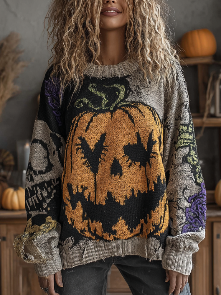 Comstylish Halloween Pumpkin Face And Plant Flower Pattern Design Women's Round Neck Knit Sweater