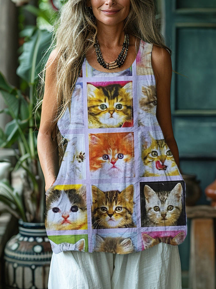 Vintage Cute Cat Print Women's Linen Tank Top artswardrobe