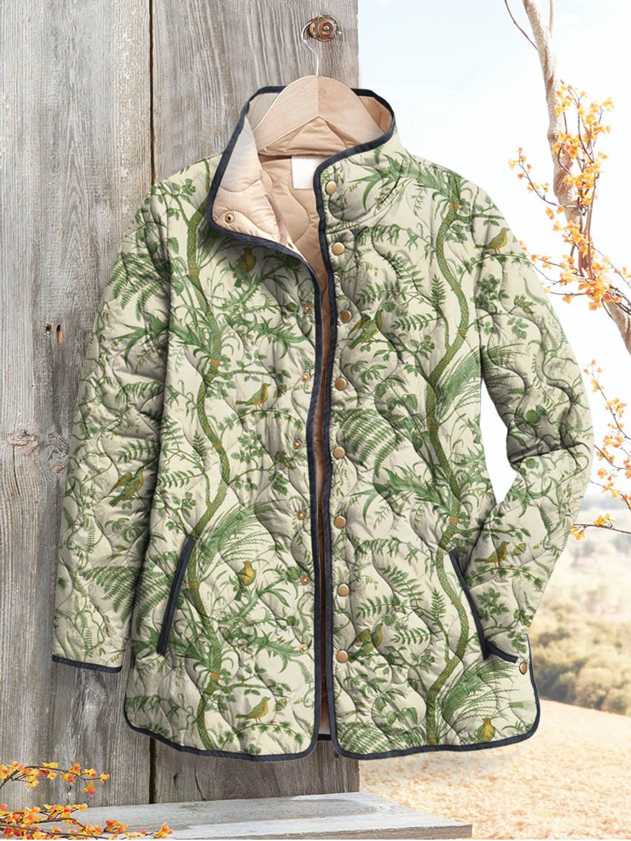 Women's Vintage Lovely Birds Floral Art Print Casual Quilted Cardigan