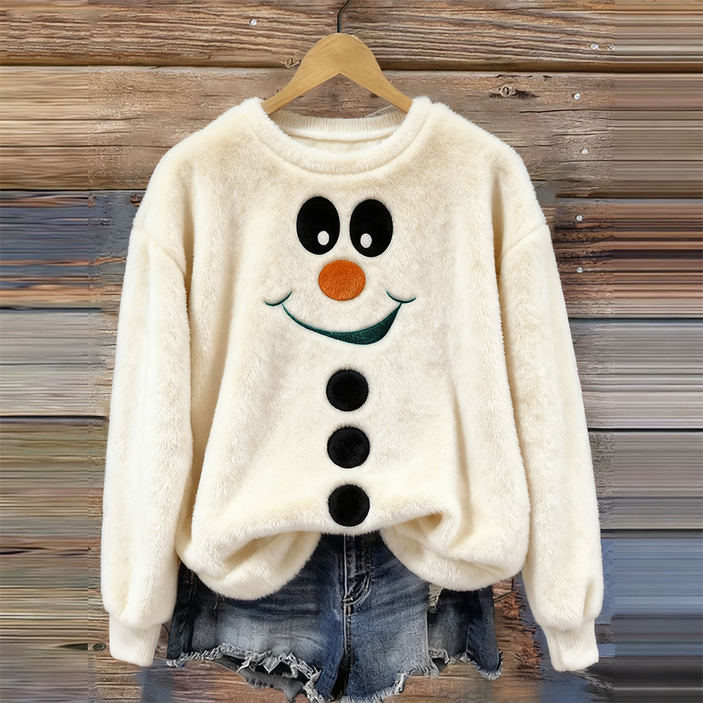 Christmas Snowman Face Embroidered Cozy Plush Sweatshirt