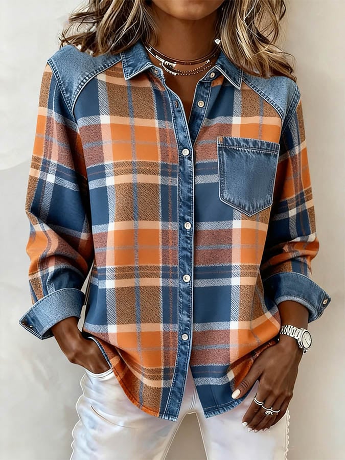 Women's Casual Plaid Contrast Color Splicing Top