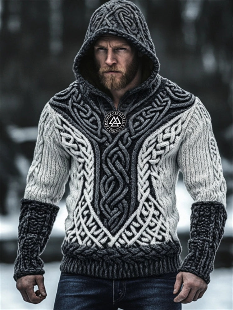 Men's Viking Embroidered Celtic Contrast Chunky Hooded Sweater artswardrobe