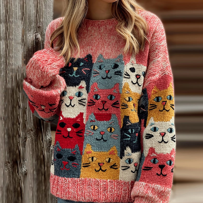 Women's Colorful Cats Pattern Art Cozy Knit Sweater elevenforest