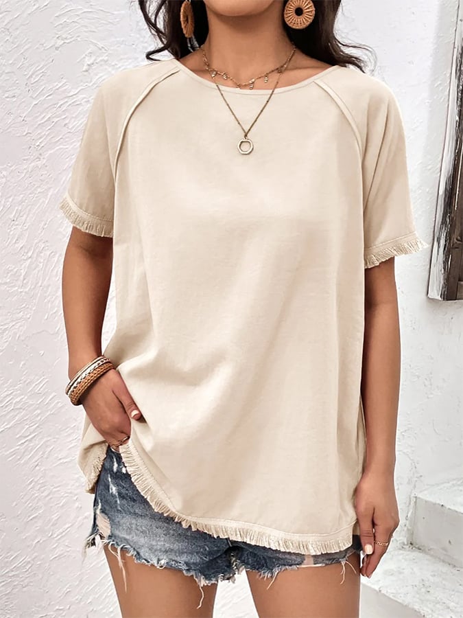 Women's Cotton&Linen Tassel Patchwork Round Neck T-Shirt