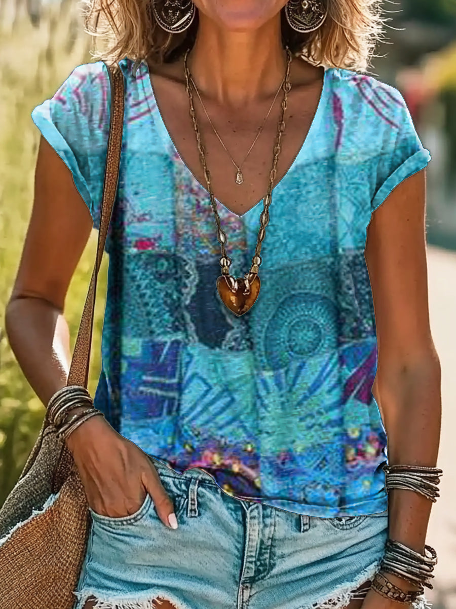 Irregular Patterned Patchwork Art Print 100% Cotton V-neck T-shirt
