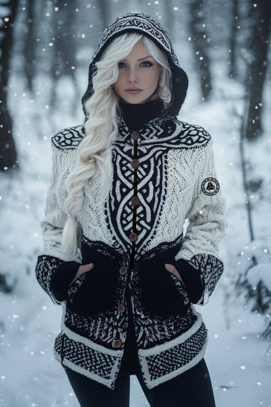Vintage Viking Runes Celtic Knot Knit Jacquard Button Hooded Sweater artswardrobe
