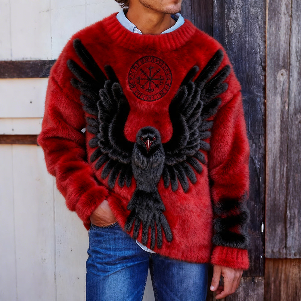 Men's Viking Raven & Vegvisir Pattern Cozy Plush Sweatshirt elevenforest