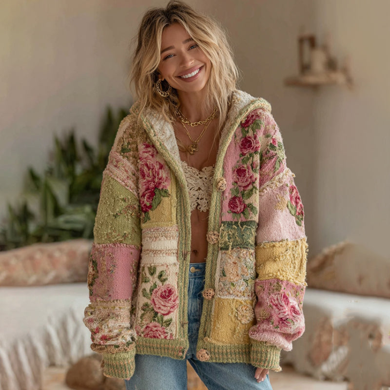 Comstylish Women's Vintage Patchwork Floral Art Hooded Cardigan