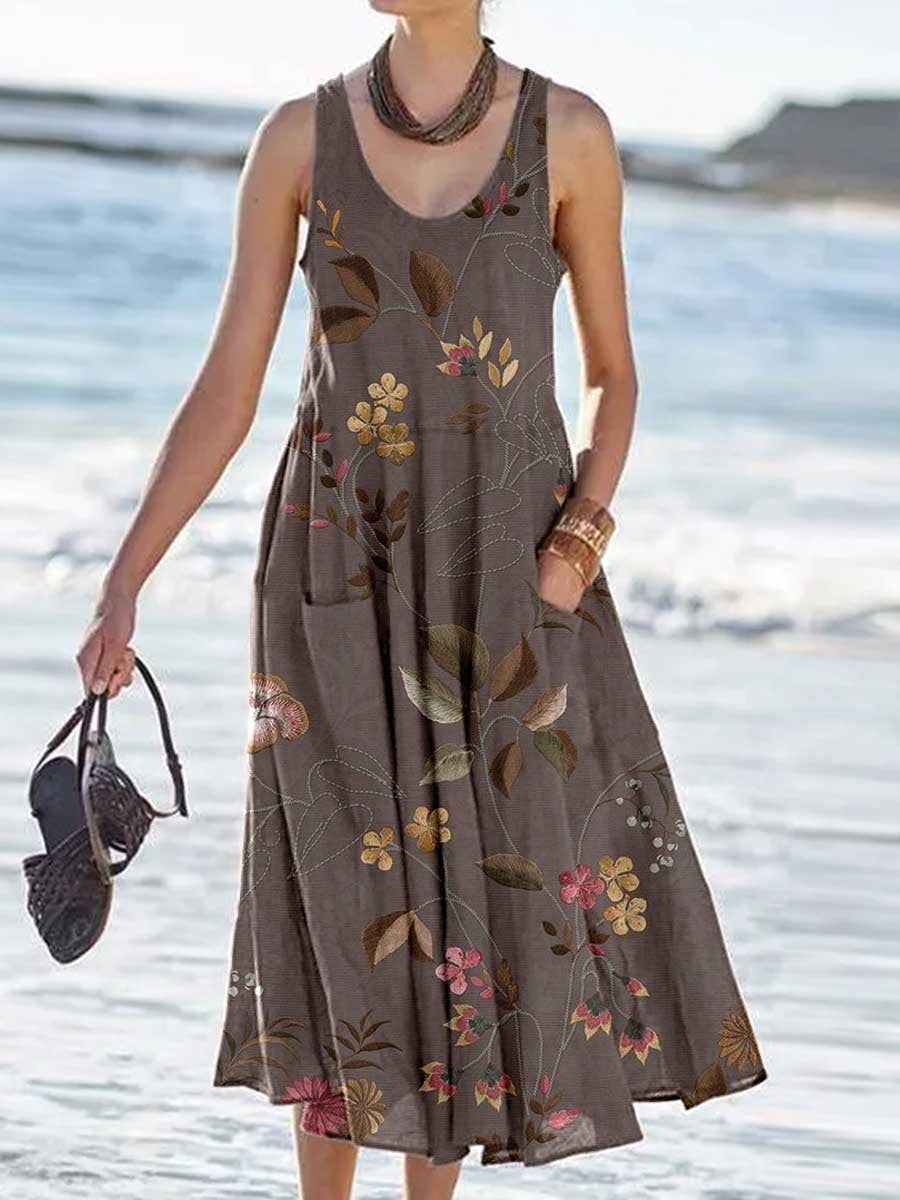 Women's Retro Floral Pattern Tank Top Dress with Pockets