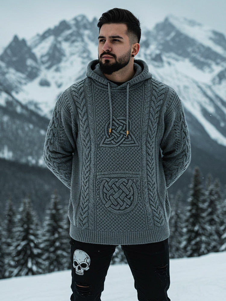 Men's Viking Tribal Eagle Jacquard Celtic Inspired Chunky Knit Hooded Sweater elevenforest