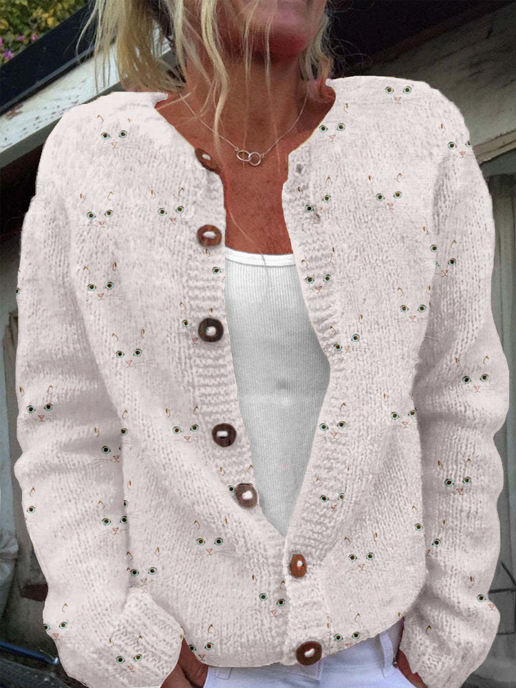 Comstylish Cute Cat Face Pattern Cozy Knit Cardigan