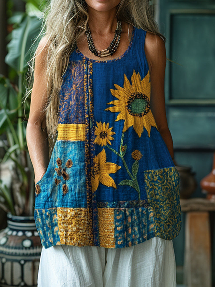 Ethnic Sunflowers Embroidered Patchwork Linen Tank Top artswardrobe