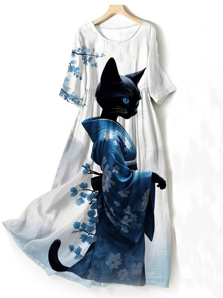 Women'S Elegant Sakura Kimono Cat Art Print Casual Maxi Dress