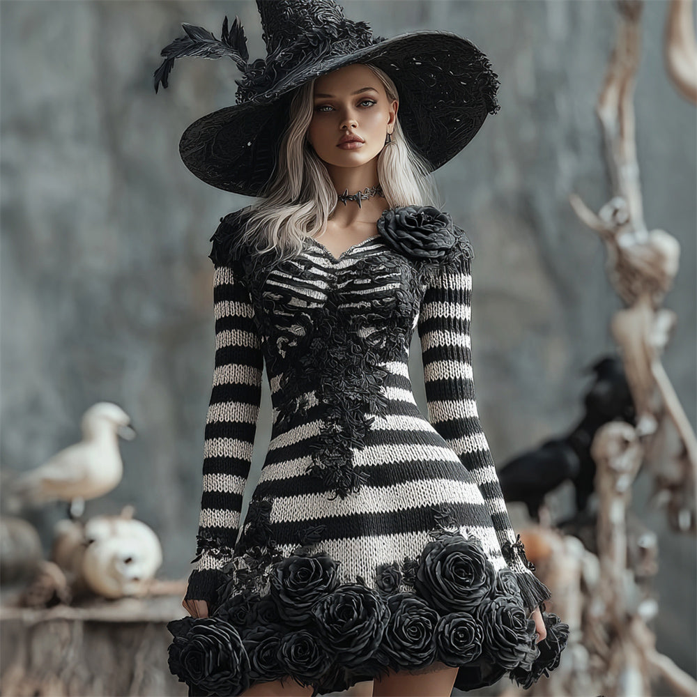 Comstylish Halloween Dark Floral Stripe Artistic Women's Knit V-neck Mini Dress