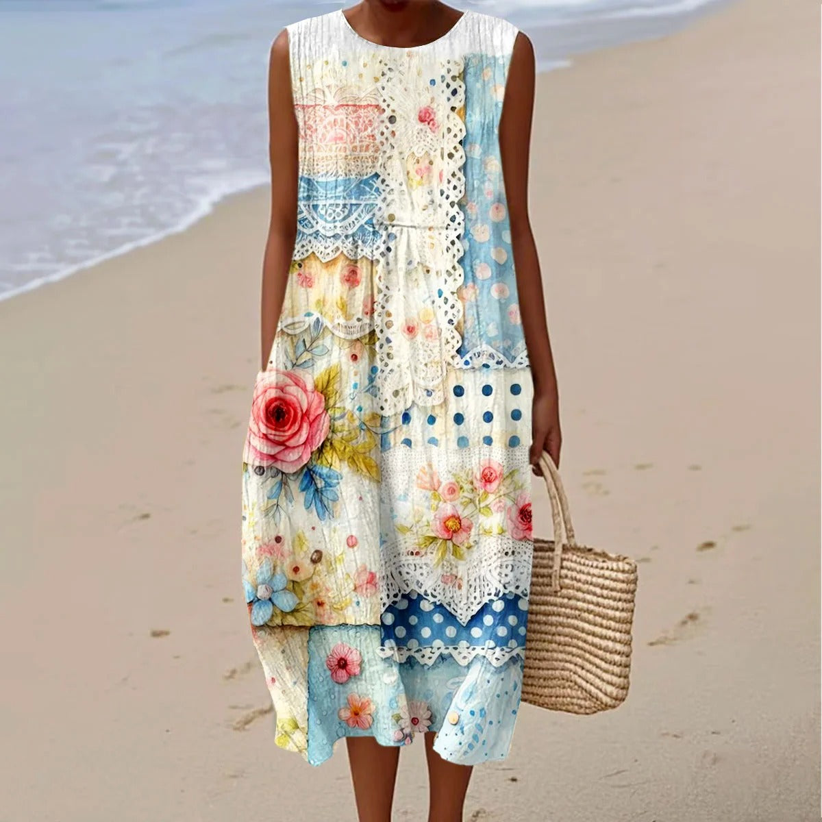 Women's Vintage Flower Art Print Linen Vest Dress artswardrobe