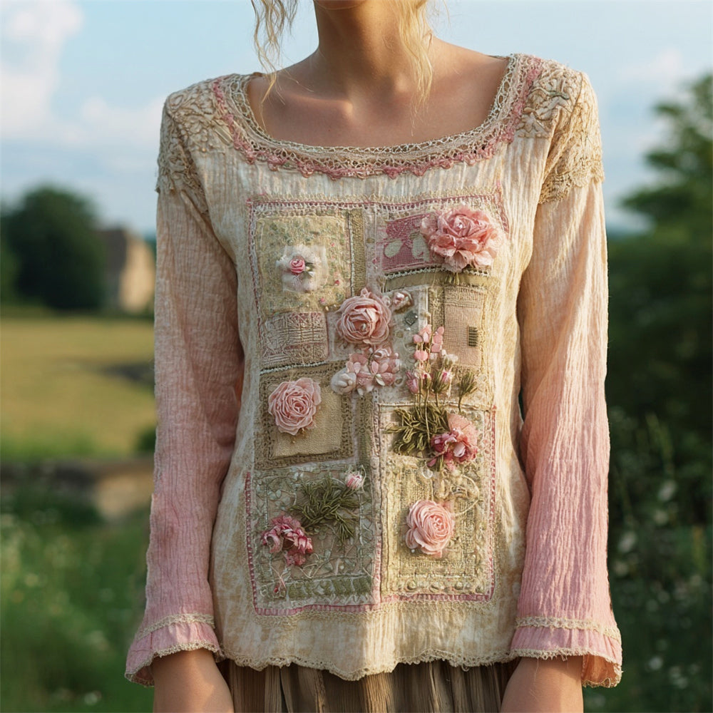 Boho Vintage Floral Lace Patchwork Art Women's Linen Long Sleeve Shirt artswardrobe