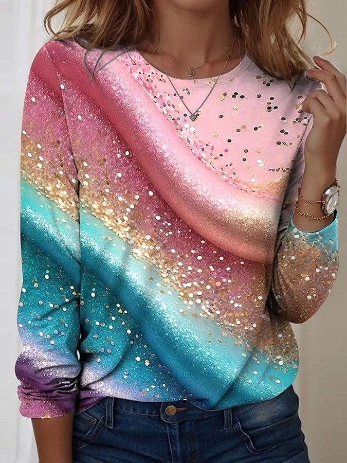 Women's Casual Gradient Graphic Print Round Neck Long Sleeve T-shirt