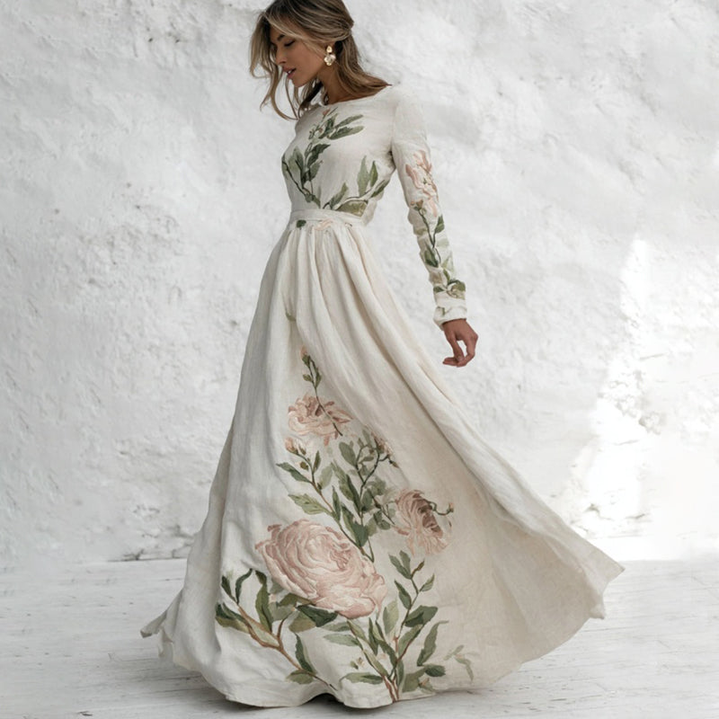 Women's Floral Printed Art Long Sleeve Maxi Dress