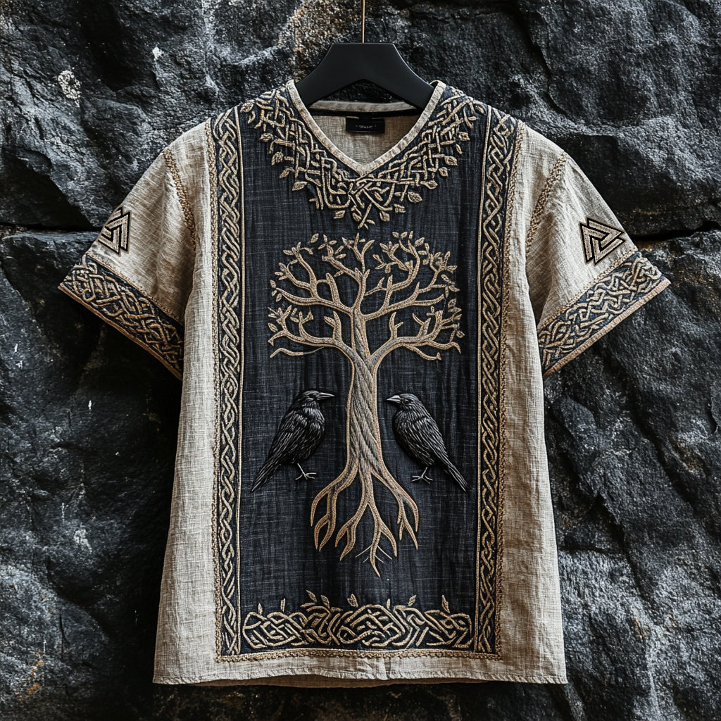 Men's Viking Raven And Tree Of Life Runes Celtic Knot Patchwork Linen T-shirt artswardrobe
