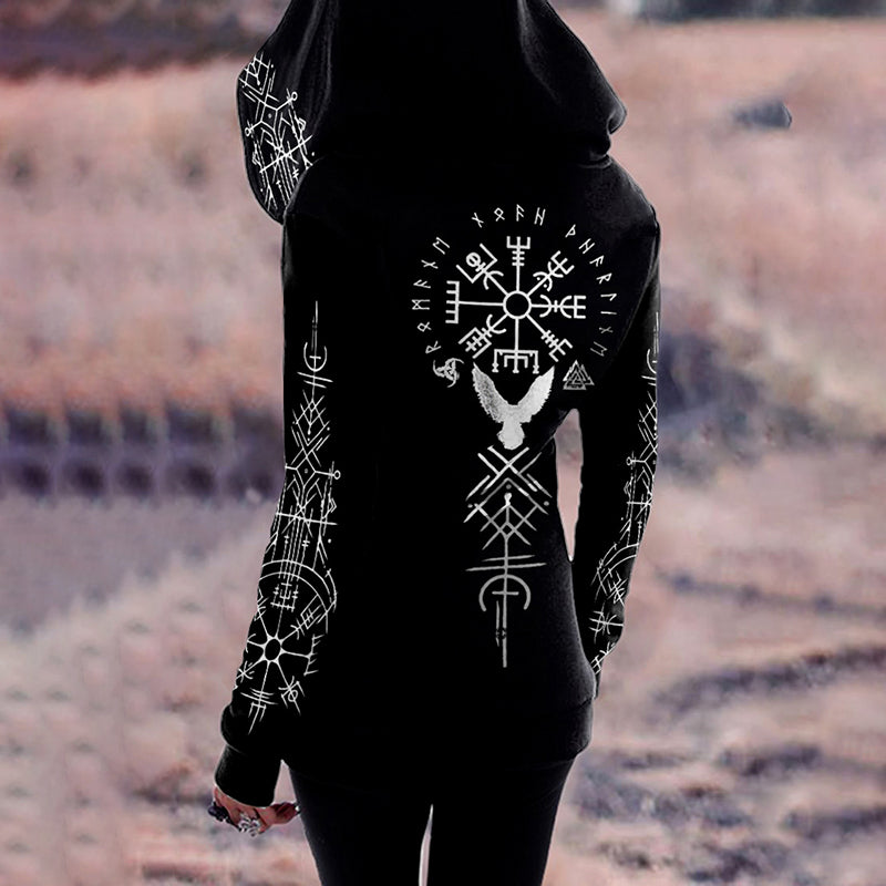 Comstylish Tribal Retro Viking Birds Ethnic Graphics Print Zipper Hoodie