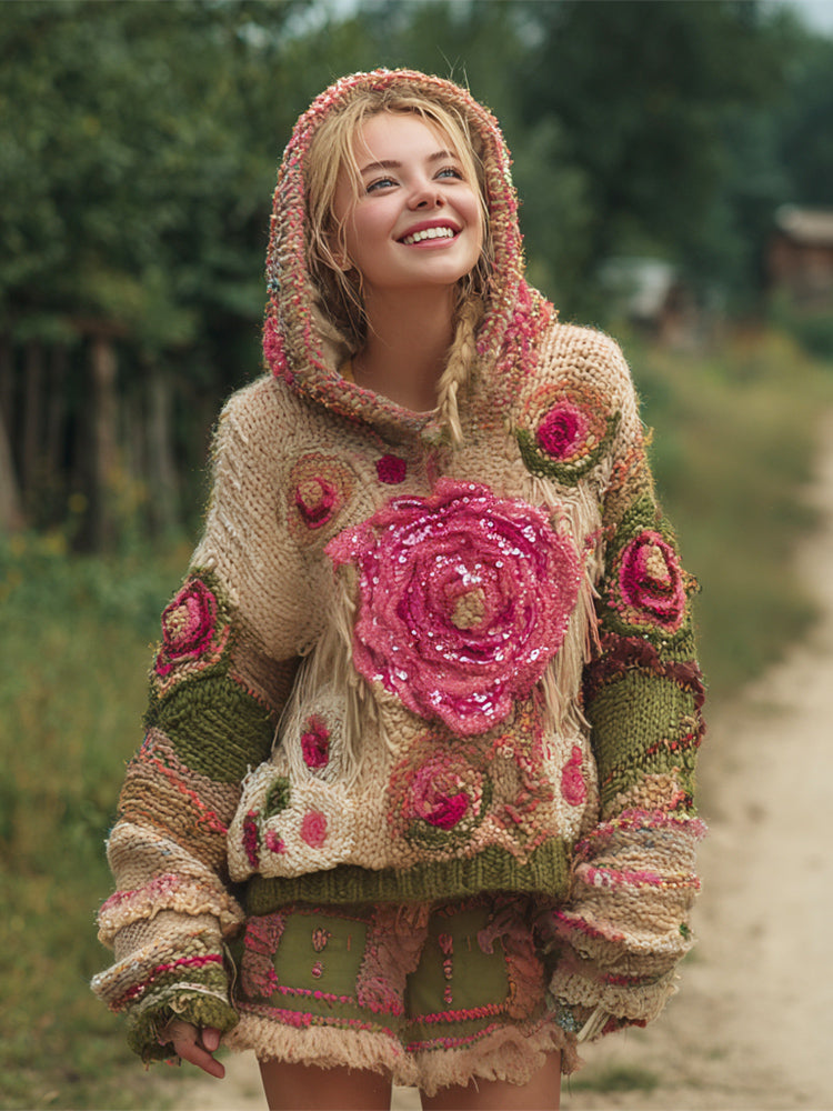 Boho Vintage Floral Women's Knit Hooded Sweater artswardrobe