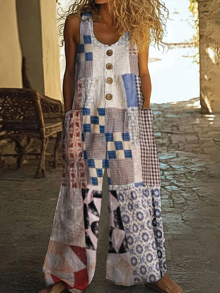 Vintage Square Patchwork Boho Art Women's Linen Wide Leg Jumpsuit artswardrobe