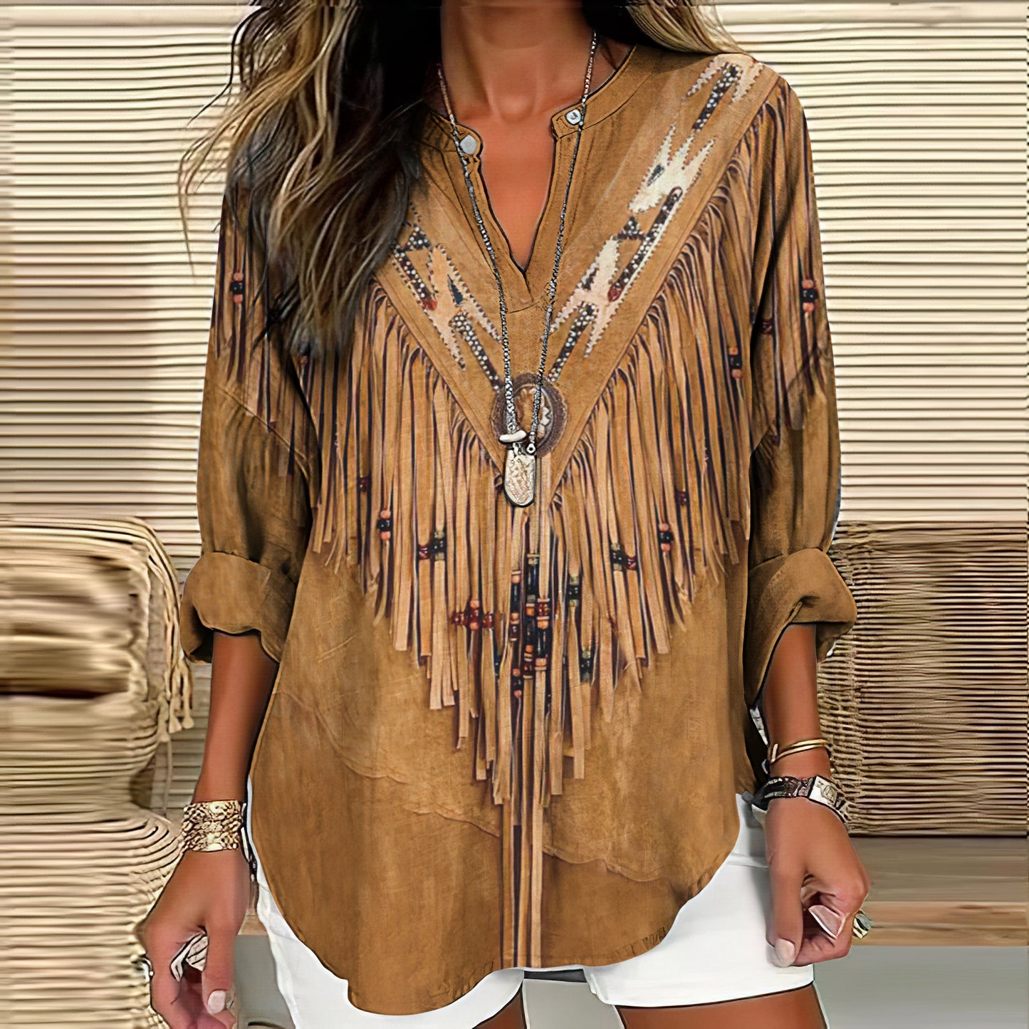 Comstylish Vintage Western Tassels Print Loose Casual Cotton Linen Shirt