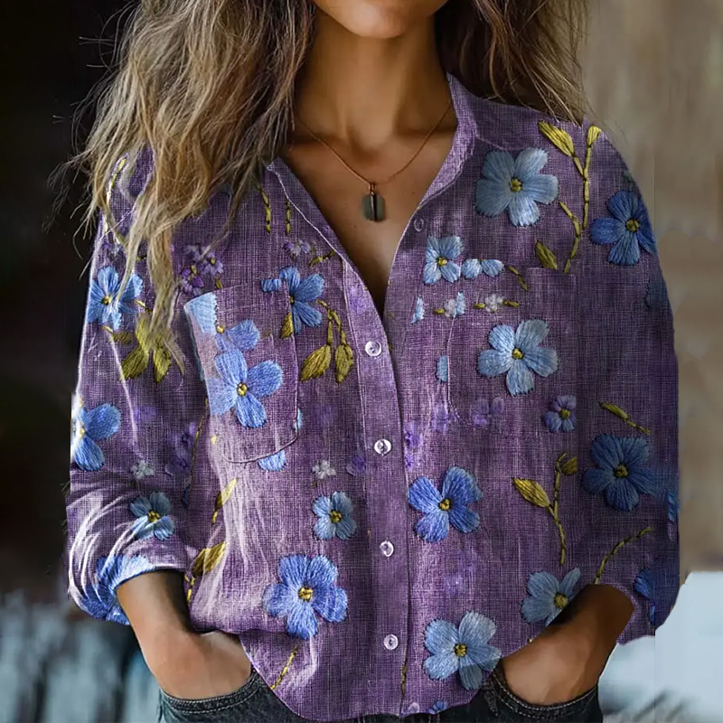 Bohemian Style Purple Floral Embroidery Linen Print Long Sleeve Shirt artswardrobe