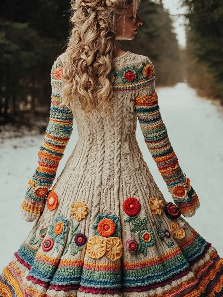 Comstylish Mexican Flowers Embroidered Comfy Flowy Sweater Dress