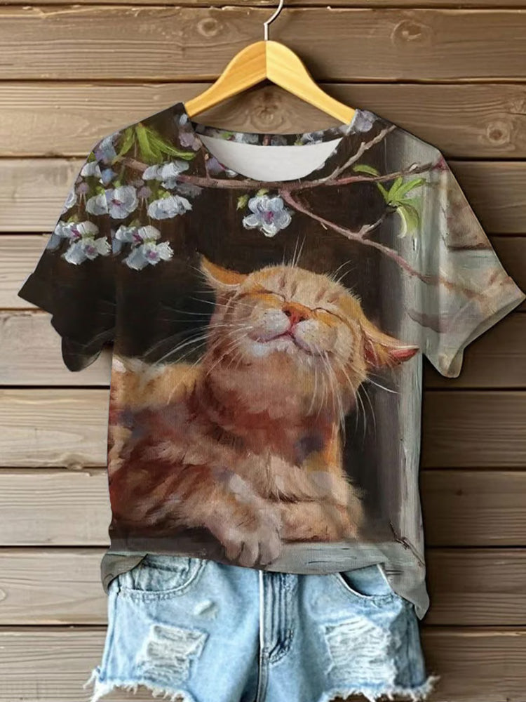 Comstylish Women's Oil Painting Cute Flowers Cat Print T-shirt