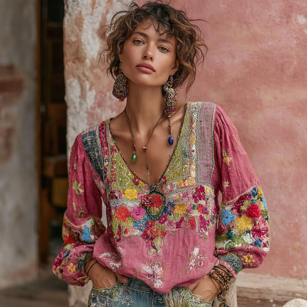 Women's Bohemian Floral Embroidery Art Print V-neck Long Sleeve Linen Blend T-shirt artswardrobe