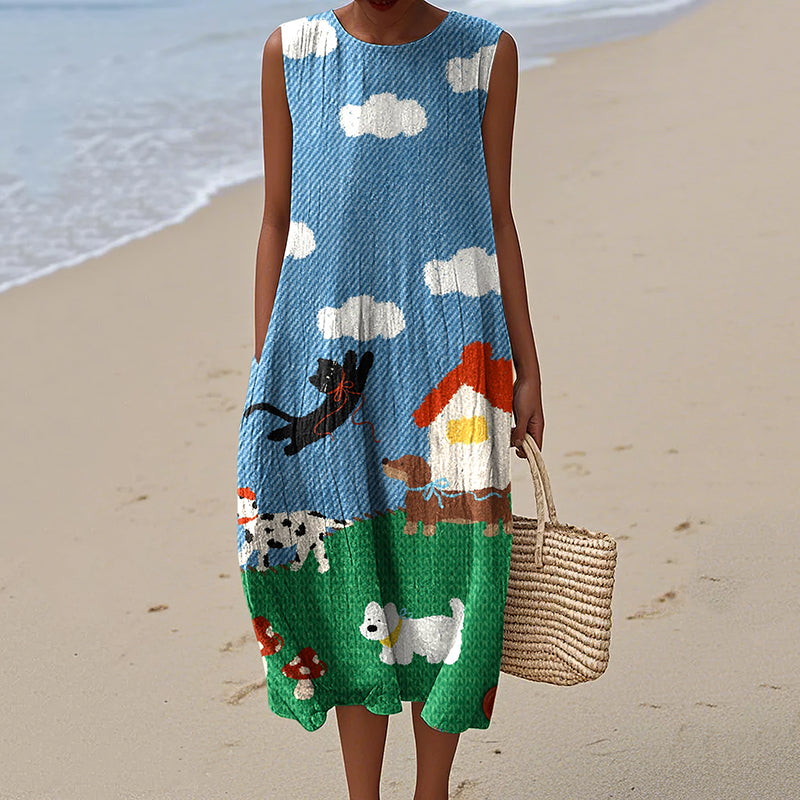 Comstylish Women's Retro Cute Dogs And Cat Art Print Sleeveless Dress