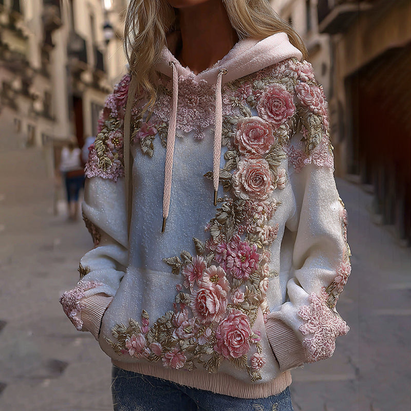 Women's Vintage Pink Floral Embroidery Art Comfy Hoodie artswardrobe