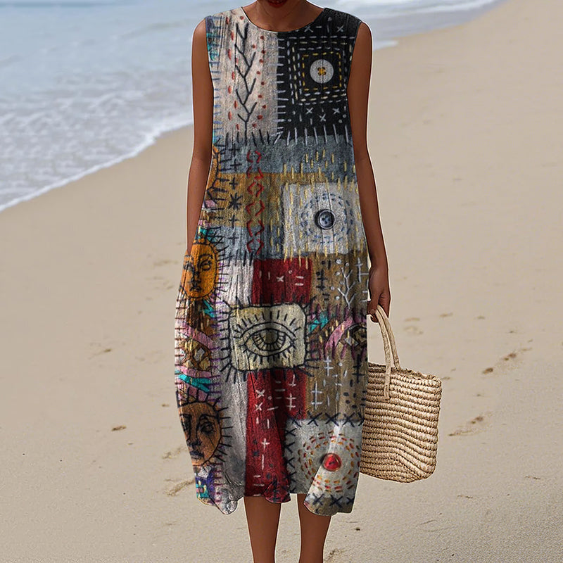 Vintage Loose Vintage Elegant Floral Patchwork Art Linen Tank Dress artswardrobe