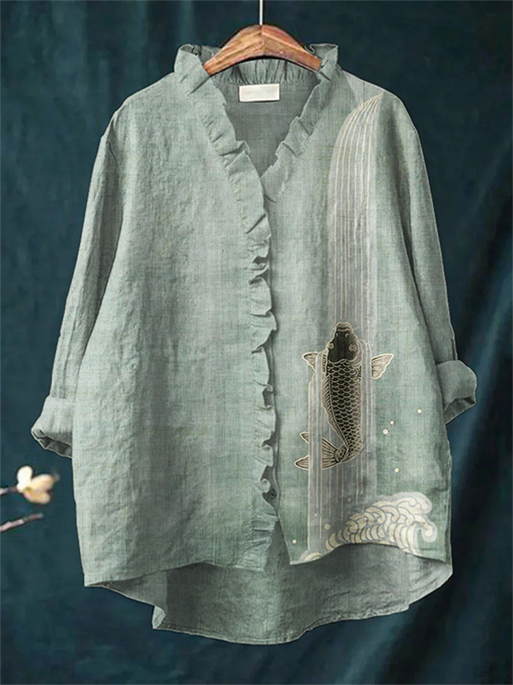 Comstylish Upstream Carp Japanese Art Ruffle Trim Linen Blouse