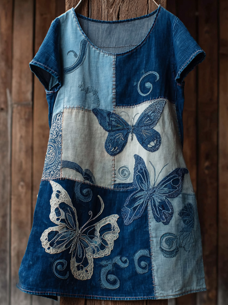Comstylish Japanese Art Style Butterfly And Plant Flower Pattern Embroidery Women's Cotton And Linen Dress.
