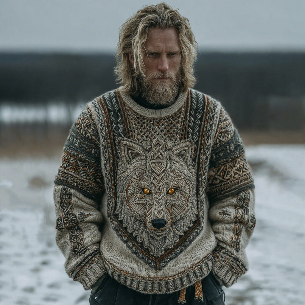 Men's Vintage Viking Celtic Knot Wolf Art Cozy Knit Sweater artswardrobe